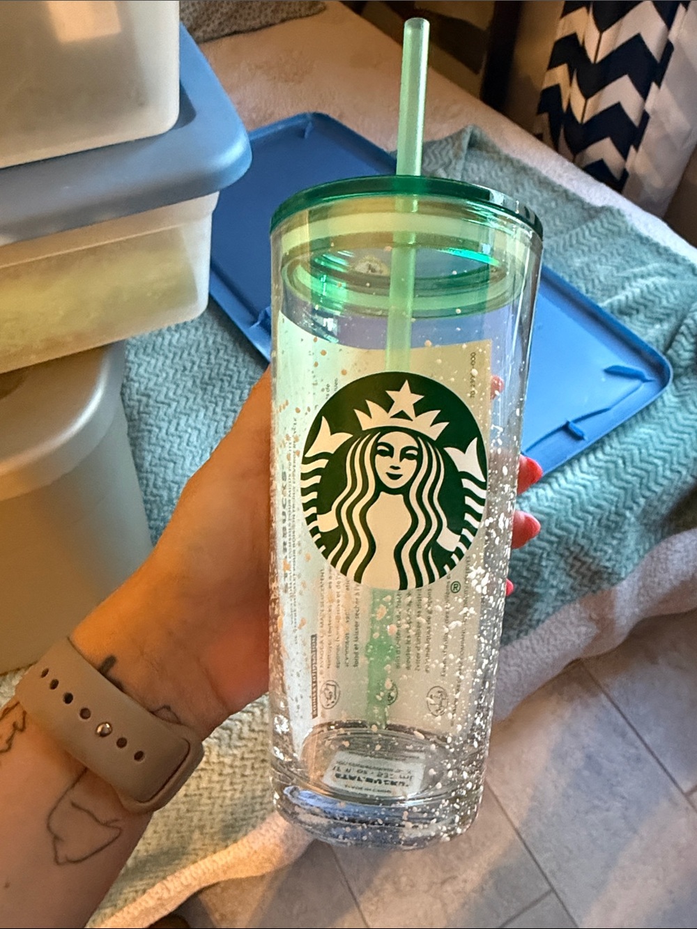 Starbucks Clear Glitter Tumbler with Green Logo and Lid